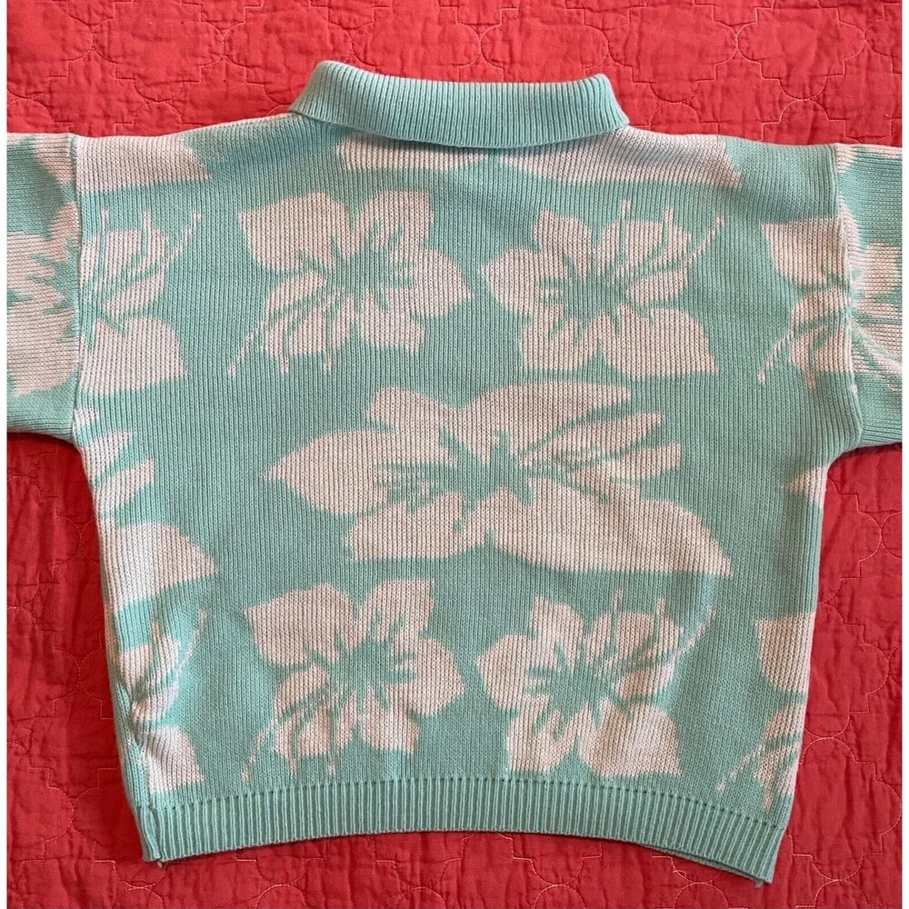 Vintage 90s Kate Collins Aqua Floral Pullover Sweater Tropical Pastel Sz Med